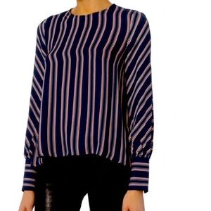 Intermix Round Neck Silk Blouse - White, Red, Navy Stripes